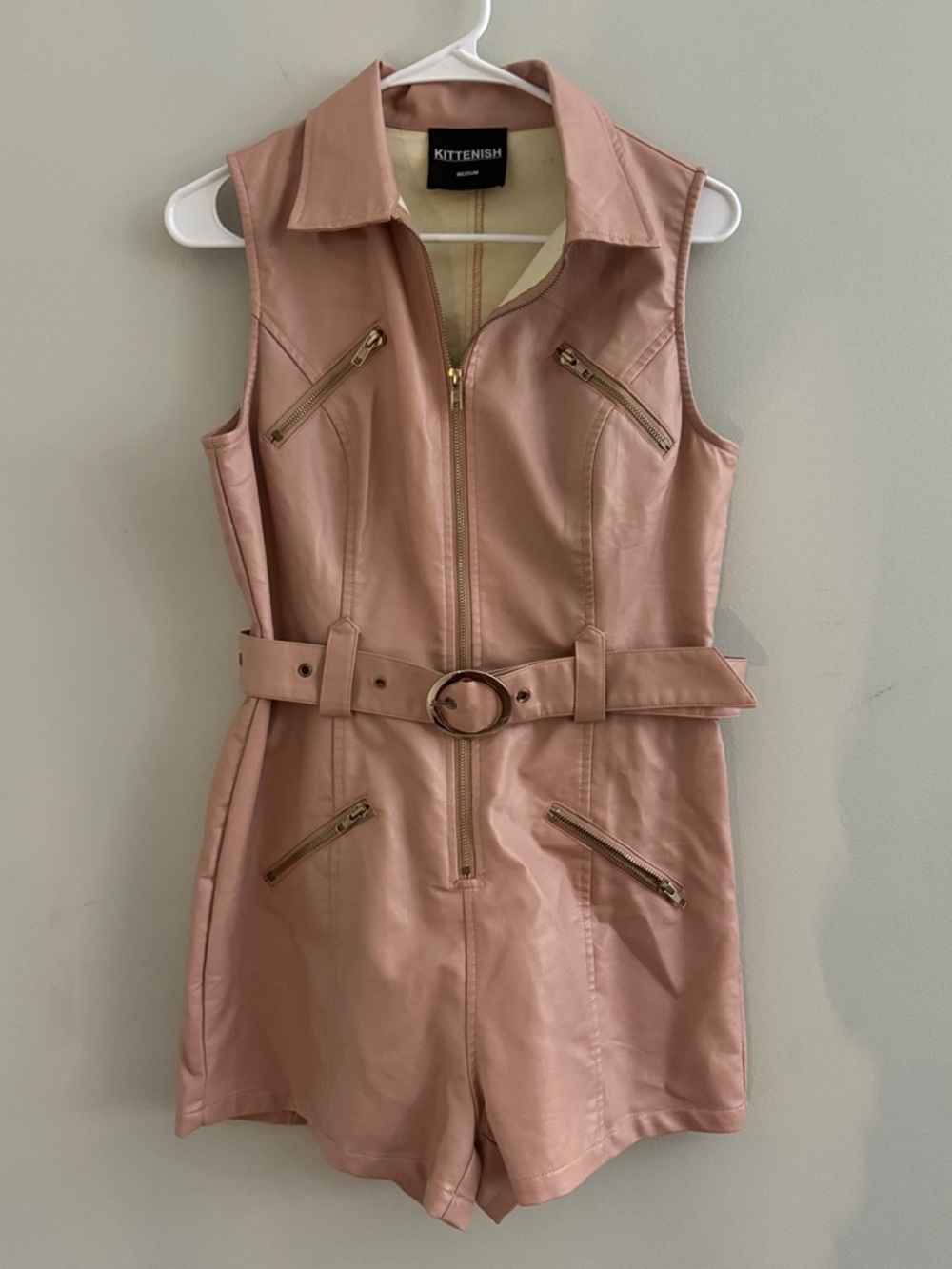 KITTENISH Blush Pink Faux-Leather Sleeveless Romper Jacket with Belt